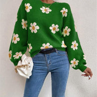 Damen Strickpullover mit verspieltem Blumenmuster und eleganten Puffärmeln WW