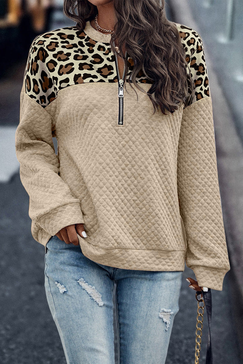 W&W Mode Leopardenmuster Patchwork Reißverschluss Pullover Sweatshirt