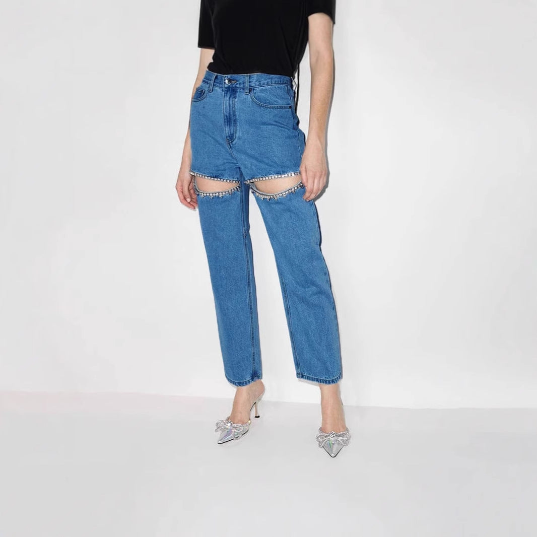 Damen Jeans mit Cut-Outs und funkelnden Details W&W Mode