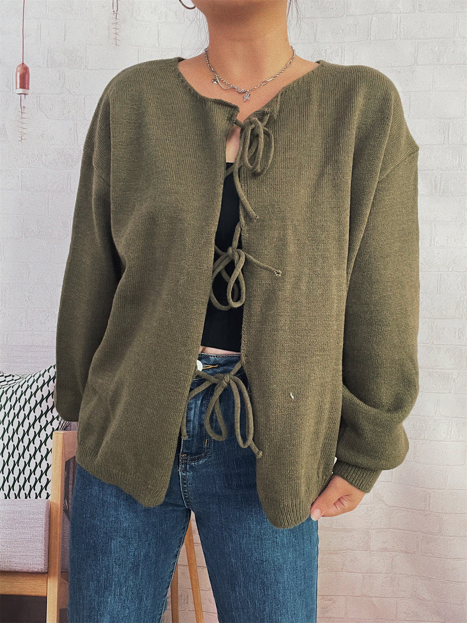 Damen Strickjacke mit dekorativem Schnürdesign und weitem Schnitt WW