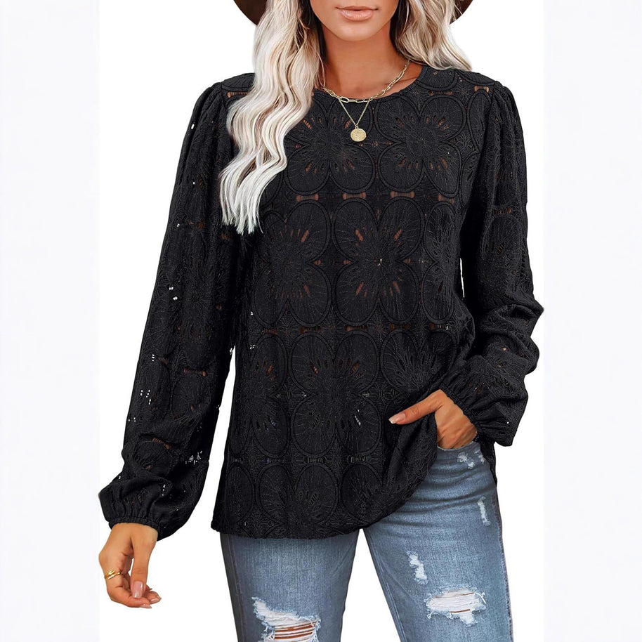 Damen Spitzenbluse mit floralen Details und eleganten Puffärmeln WW