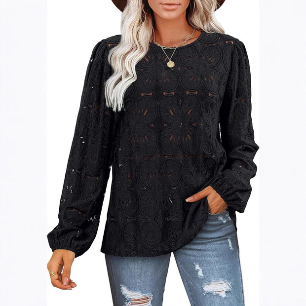 Damen Spitzenbluse mit floralen Details und eleganten Puffärmeln WW