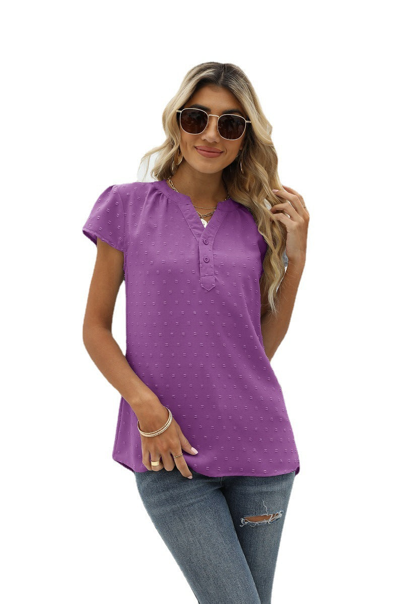 WW | Jacquard Chiffon Locker V-Ausschnitt Kurzarm Top
