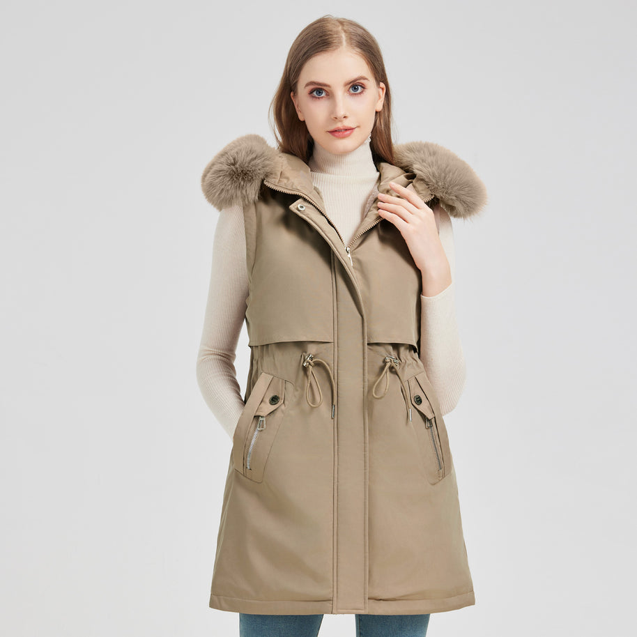 Damen Exklusive Funktionsweste mit abnehmbarer Kapuze und dekorativem Kunstfell WW