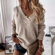 Damen Strickpullover mit V-Ausschnitt und kuscheligem Material WW