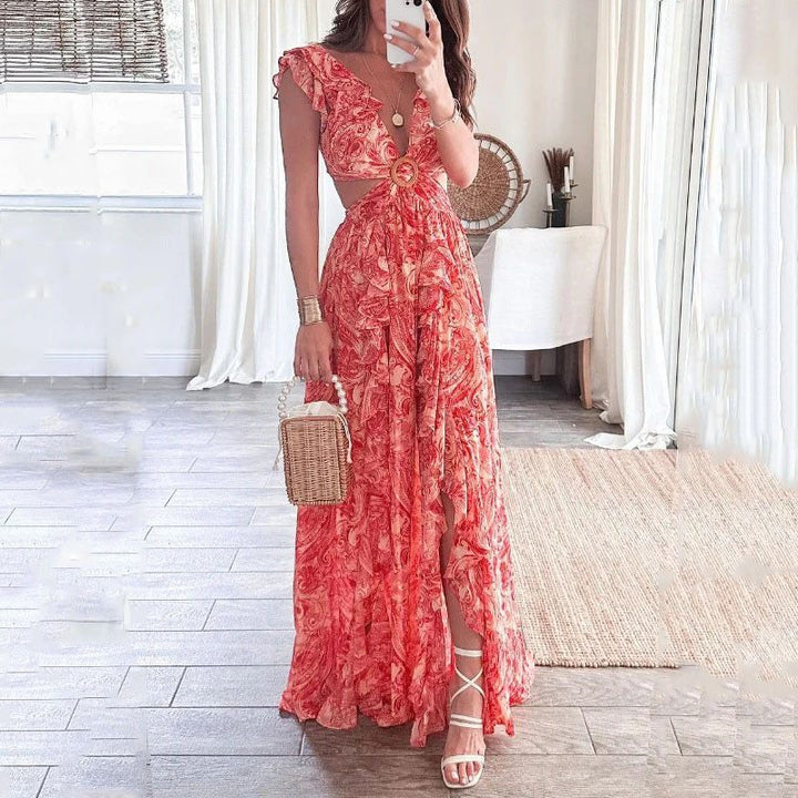 Damen Maxikleid mit hohem Schlitz und floralen Rüschendetails W&W Mode