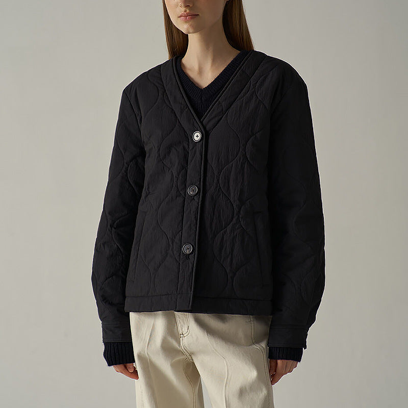 Damen gesteppte Jacke mit elegantem V-Ausschnitt und dekorativen Knöpfen WW