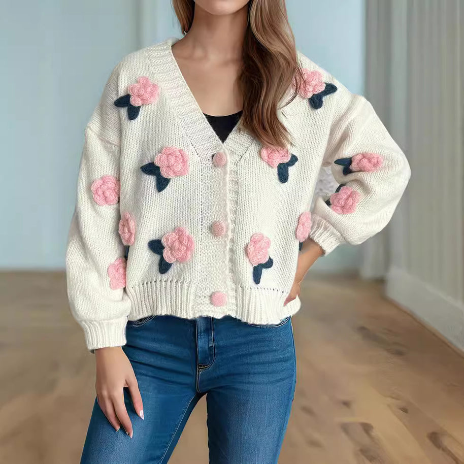 Damen Strickjacke mit floralen Applikationen und knöpfbarem Design WW