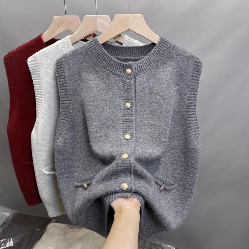 Damen Strickweste mit Knopfdetails und seitlichen Taschen WW
