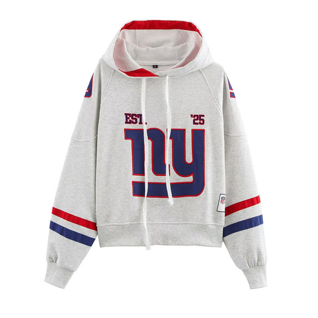 Damen sportlicher cropped Hoodie mit buntem Grafikelement und praktischem Kordelzug WW