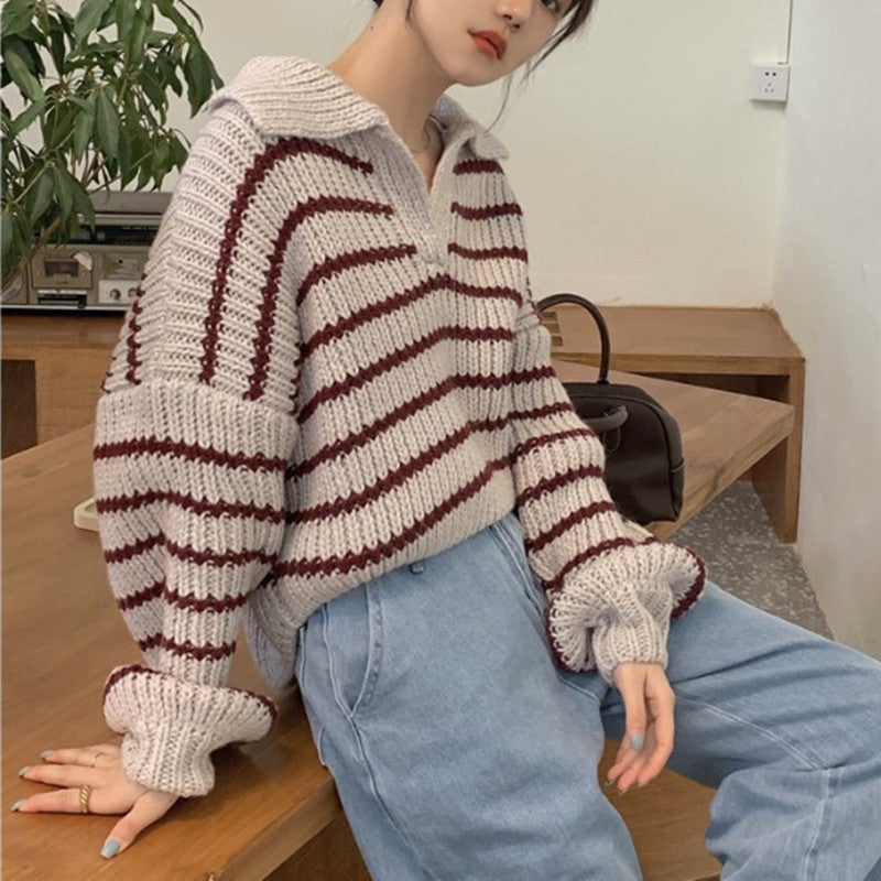 Damen Strickpullover mit lässigem Kragen und attraktiven Streifen WW