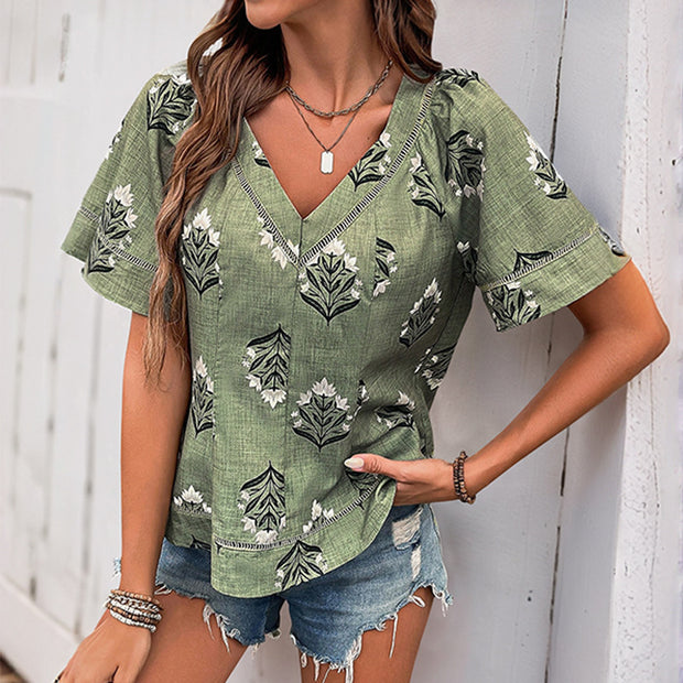 Damen Bluse mit floralem Print und V-Ausschnitt WW