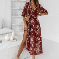 WW | Kurzarm Split Chiffon Bedrucktes Maxikleid