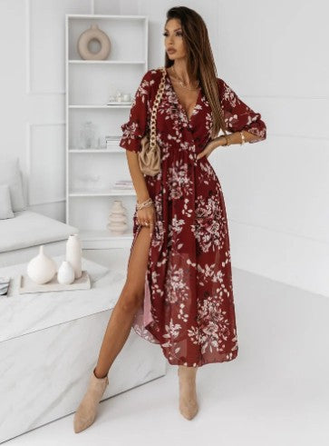 WW | Kurzarm Split Chiffon Bedrucktes Maxikleid
