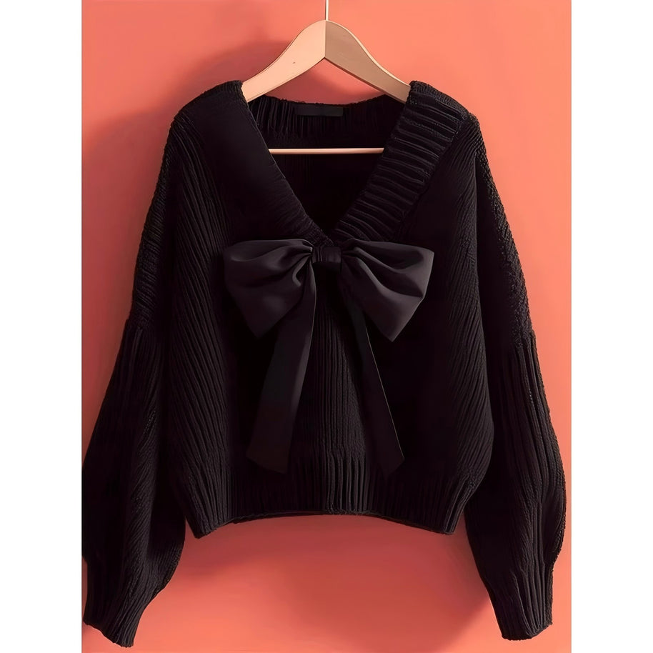 Damen Strickpullover mit V-Ausschnitt und dekorativem Schleifenakzent WW