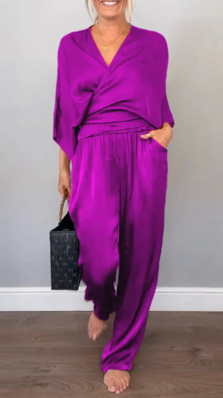 Damen Chiffon Zweiteiler mit Wickeloberteil und weit geschnittenen Hosen WW