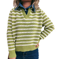 Damen Strickpullover mit tiefem V-Ausschnitt und markantem Streifenmuster WW