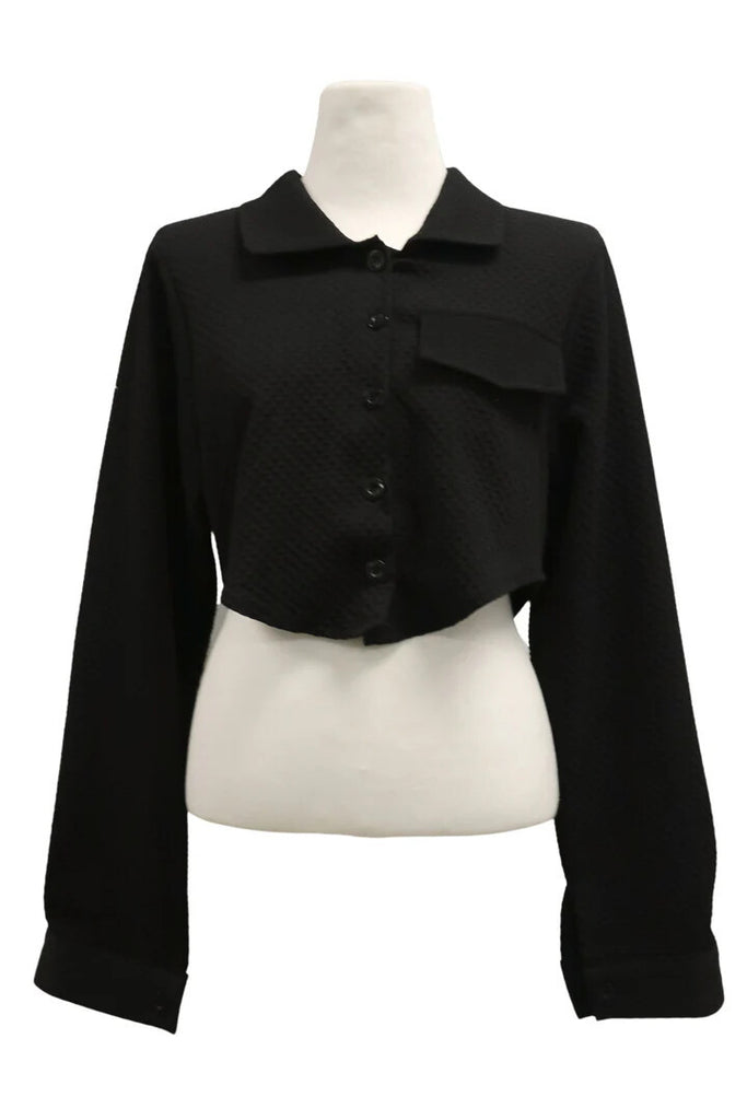 Damen lässiges geknöpftes Crop-Shirt mit Strukturmuster und aufgesetzter Tasche WW