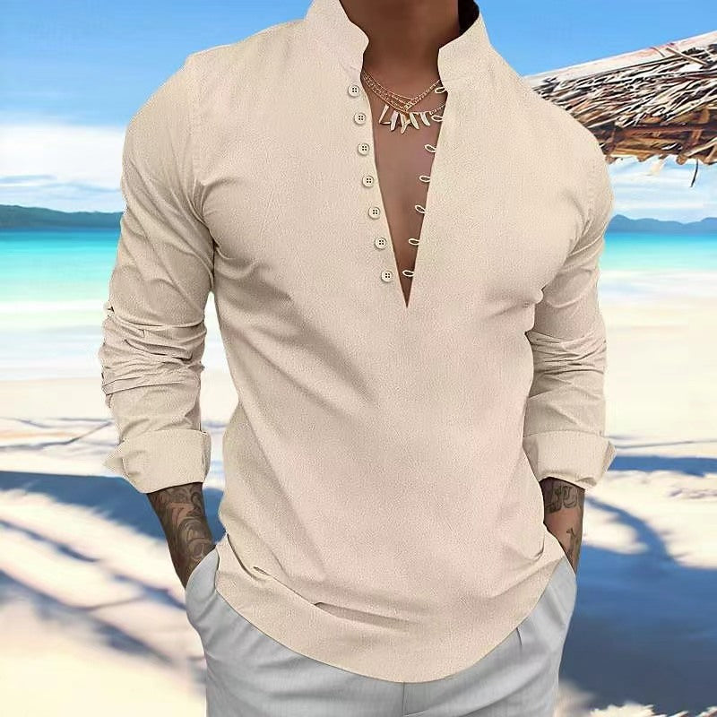 Herren Langarmshirt mit kreativem Knopfdesign und modernem Stehkragen WW