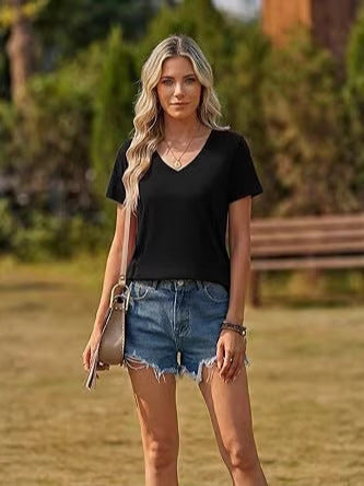 Damen Basic T-Shirt mit rundem Ausschnitt und Kurzarm W&W Mode