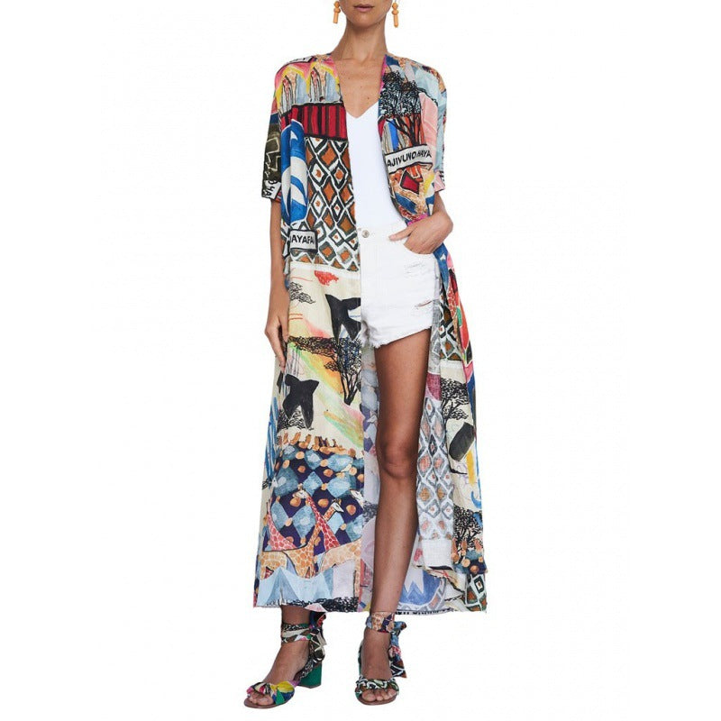 Damen Kimono mit buntem Patchwork-Design und fließendem Stoff WW