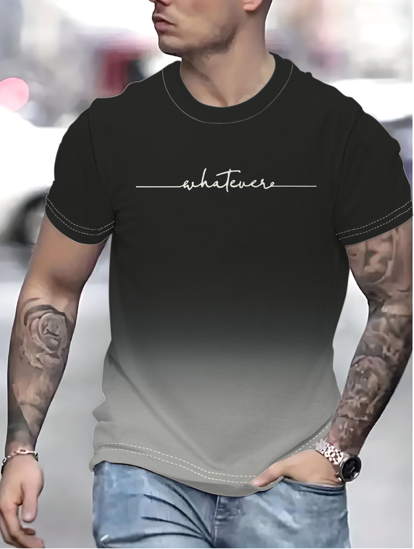 Herren T-Shirt mit kreativem Schriftzug und modernem Farbverlauf WW