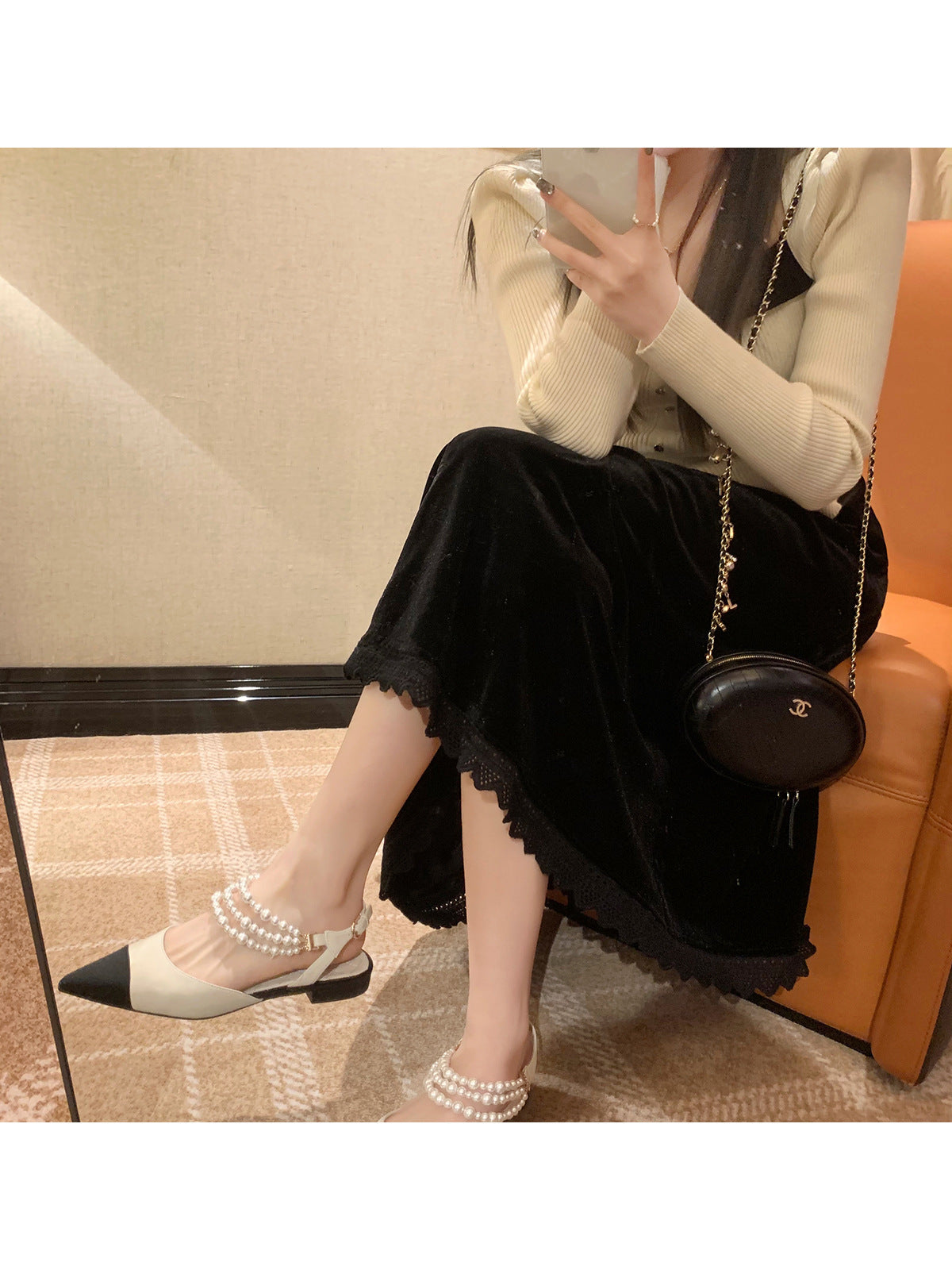 Damen Sling-Pumps mit eleganter Perlenapplikation und spitz zulaufender Form WW