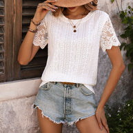 Damen Chiffonbluse mit Spitzenärmeln und feinem Lochmuster WW