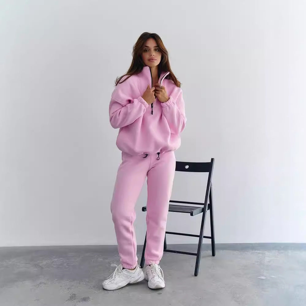 Damen Sportlicher Fleece-Traininganzug mit halbem Reißverschluss und elastischen Bündchen WW