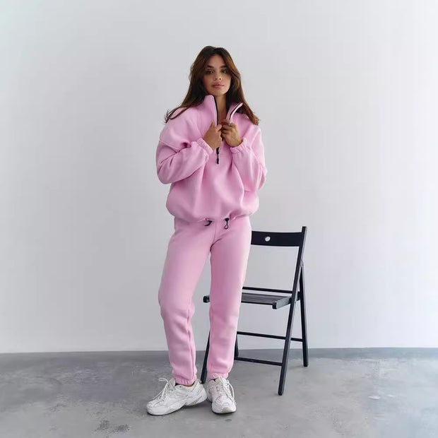 Damen Sportlicher Fleece-Traininganzug mit halbem Reißverschluss und elastischen Bündchen WW