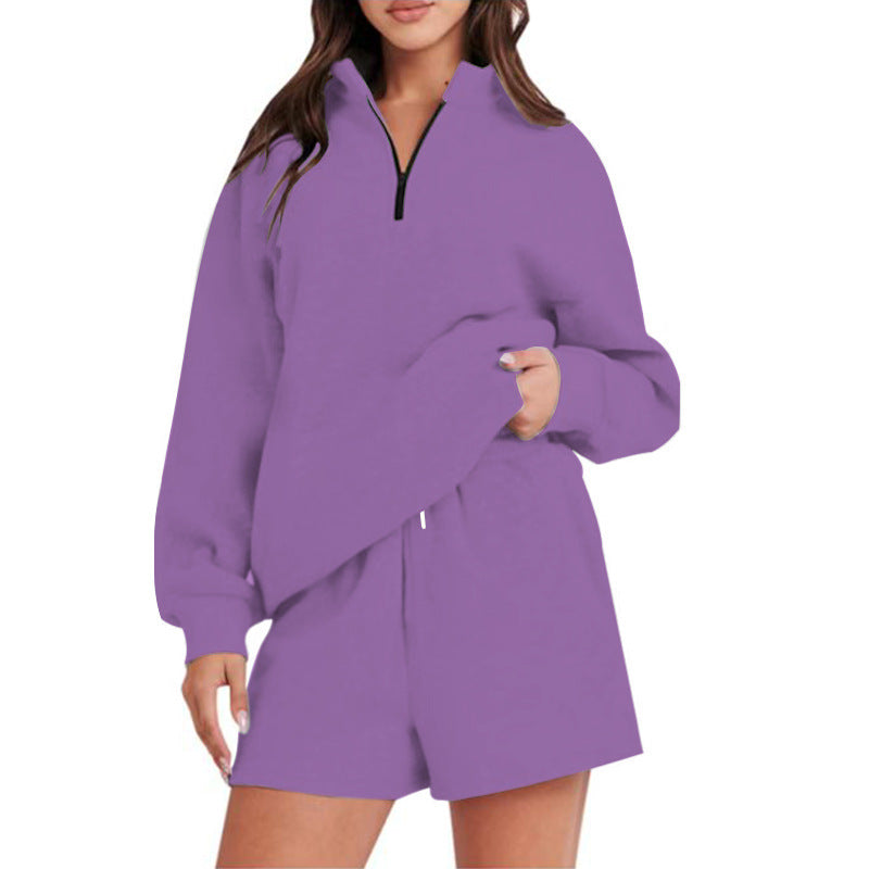 Damen bequemen Freizeit-Sweatanzug mit halbem Reißverschluss und Shorts WW