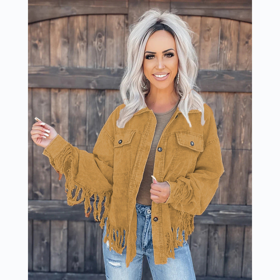 Damen Denim Jacke mit fransigen Ärmeln und praktischen Taschen WW