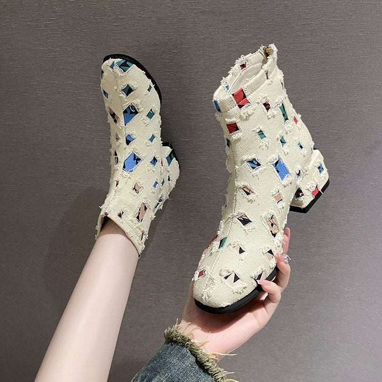 Damen Modische Ankle-Boots mit kreativem Geometrie-Druck und elegantem Reißverschluss W&W