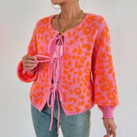 Damen Strickjacke mit einzigartigem Leopardenmuster und verstellbarem Kordelzug WW