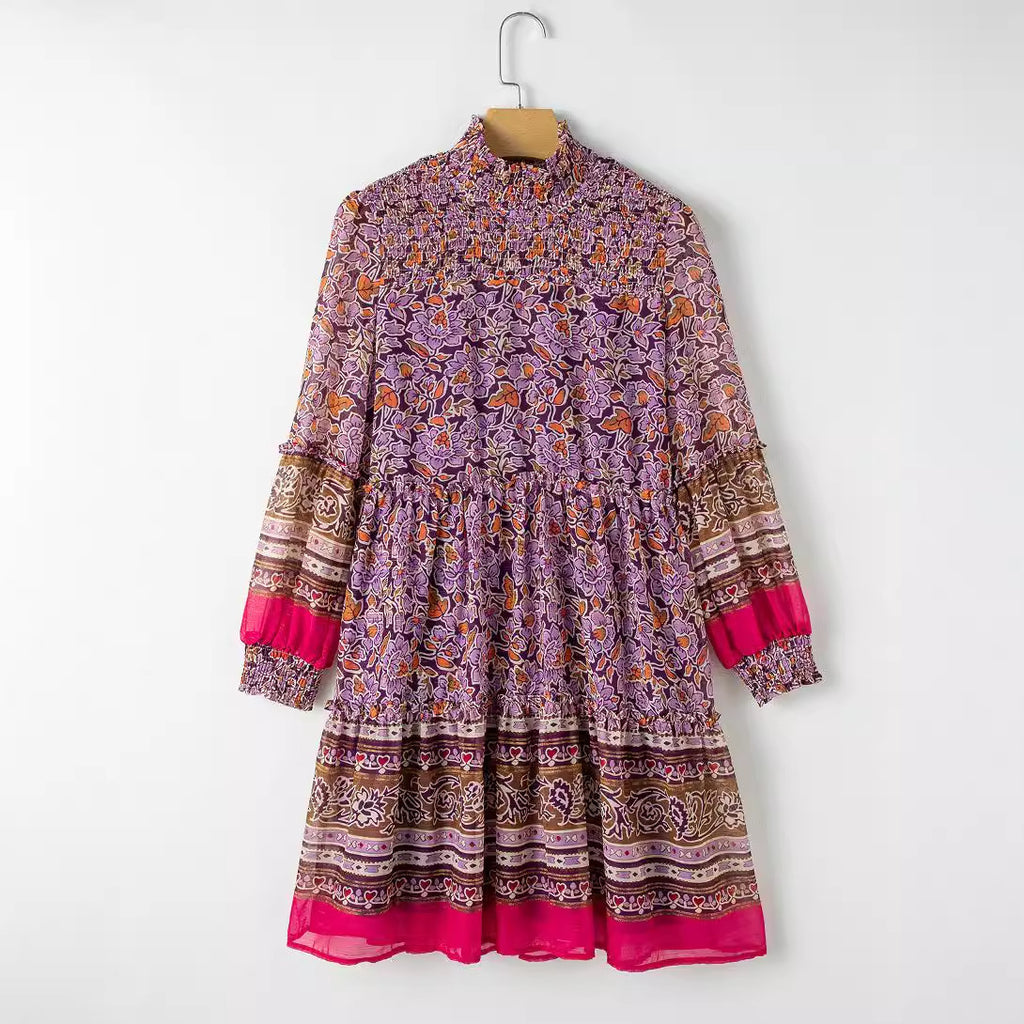 Damen Boho-inspiriertes Midi-Kleid mit elastischem Taillenbund und voluminösen Ärmeln WW
