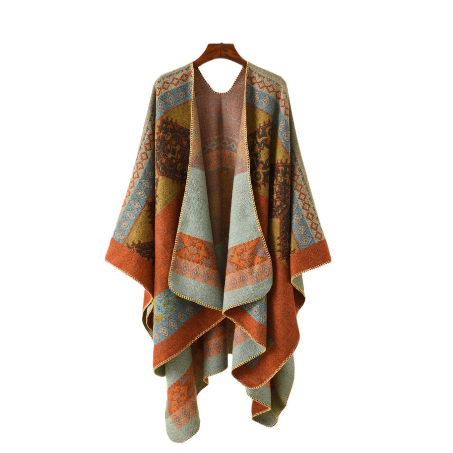 Damen Modischer Poncho mit kunstvollem Muster und fransigen Kanten WW