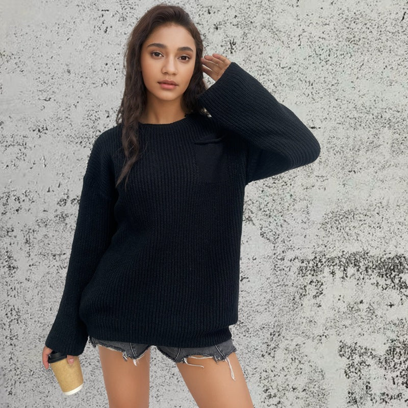Damen Grob gestrickter Pullover mit lässigem Schnitt und praktischer Tasche WW