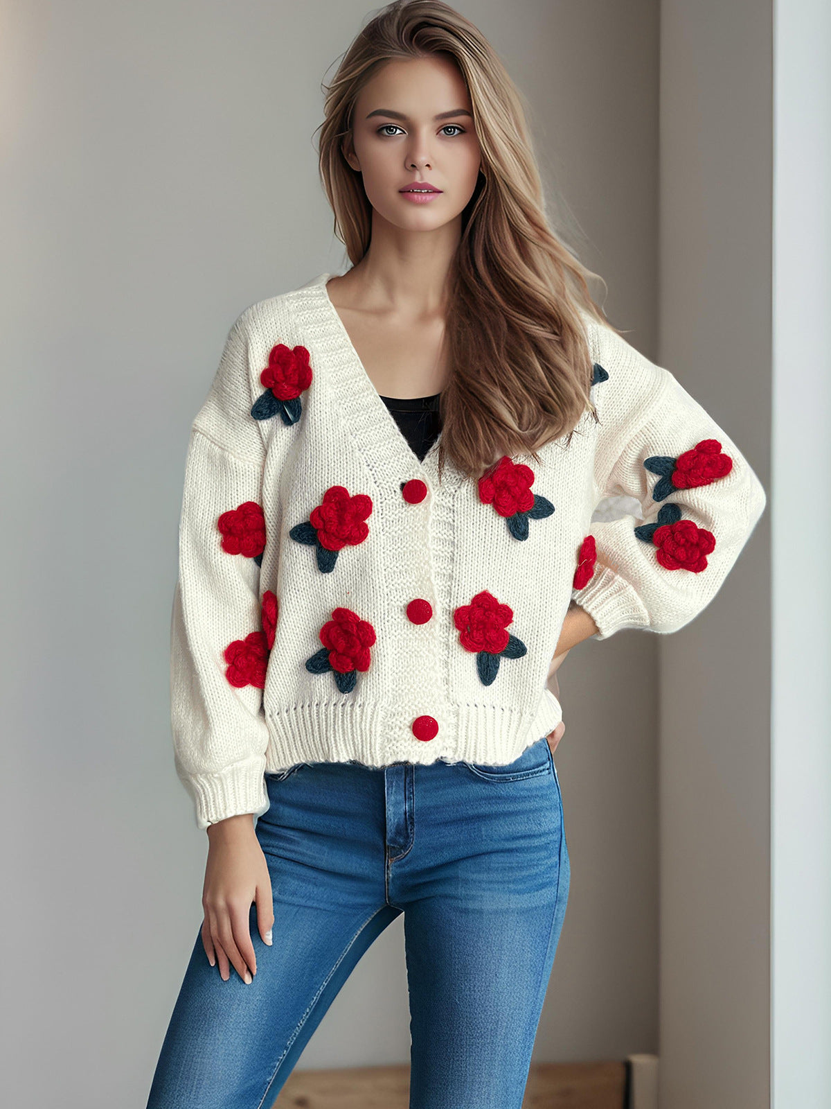 Damen Strickjacke mit floralen Applikationen und knöpfbarem Design WW