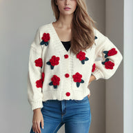 Damen Strickjacke mit floralen Applikationen und knöpfbarem Design WW