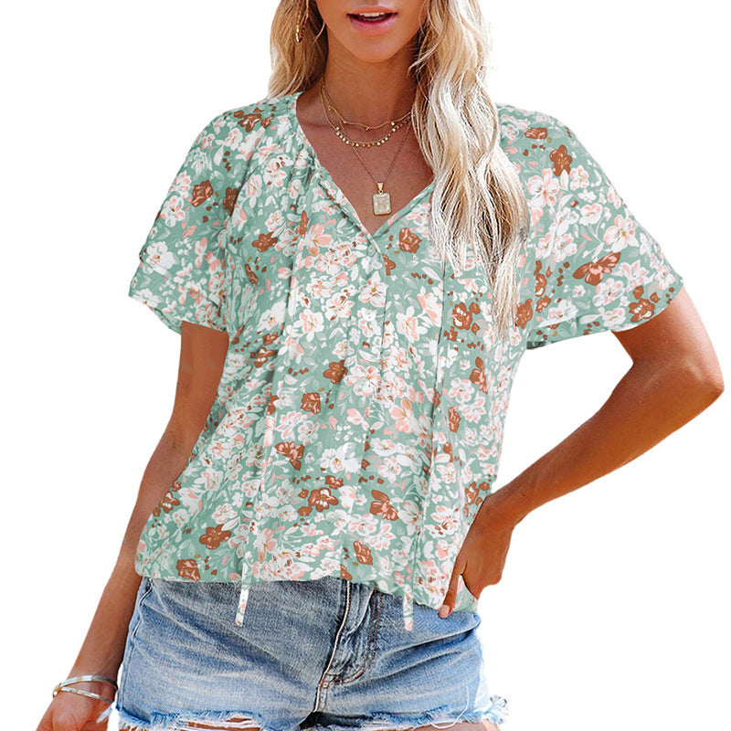 Damen luftige Bluse mit floralem Muster und dekorativen Knopfdetails WW