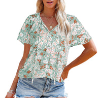 Damen luftige Bluse mit floralem Muster und dekorativen Knopfdetails WW
