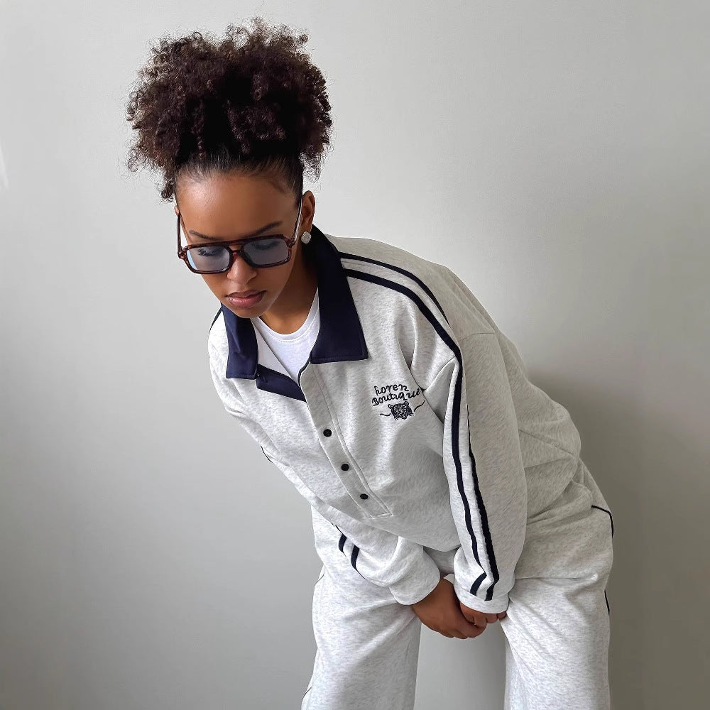 Damen sportlicher Freizeitanzug mit modischem Kragen und weiten Beinen WW