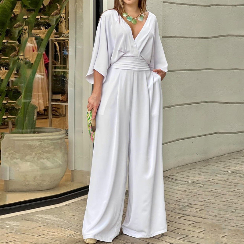 Damen Eleganter Jumpsuit mit weitem Bein und Wickeloberteil WW