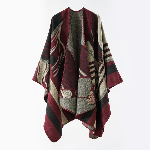 Damen eleganter Strickponcho mit kunstvollem Muster und feinen Fransen WW