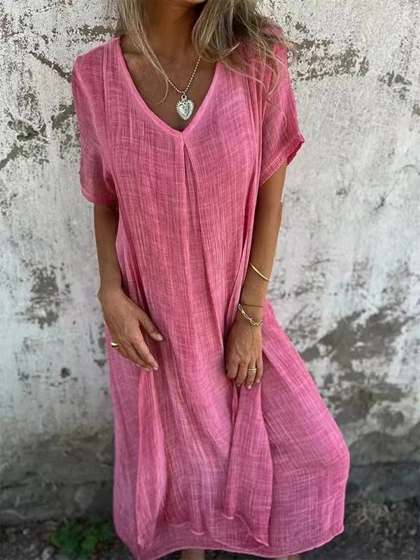 Damen lässiges Maxikleid aus leichtem Stoff mit V-Ausschnitt und kurzem Arm WW