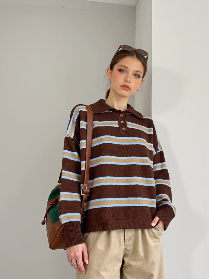 Damen modischer Polo-Pullover mit gestreiftem Design und Knopfleiste W&W Mode