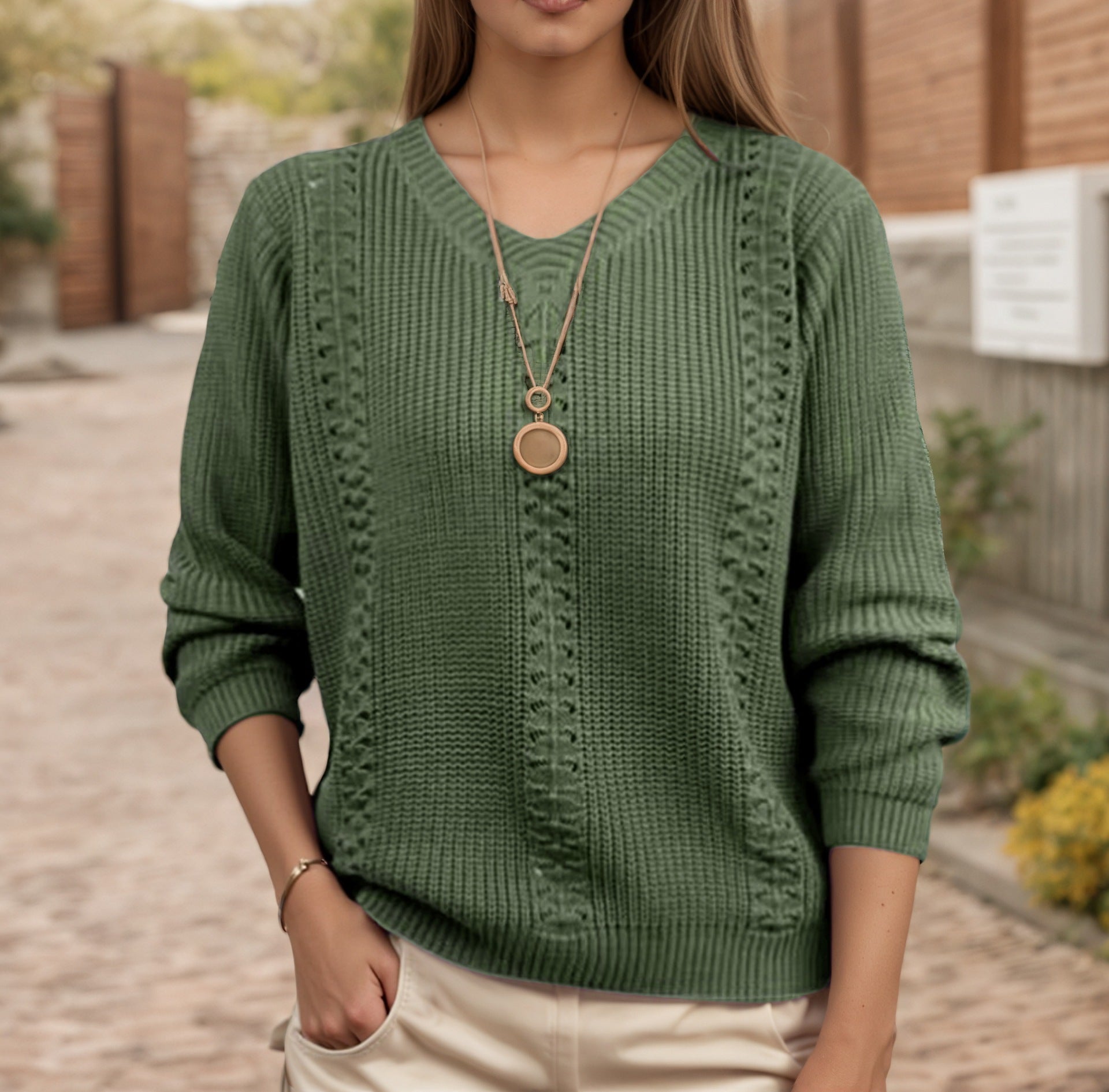 Damen Strickpullover mit V-Ausschnitt und strukturierter Verarbeitung WW