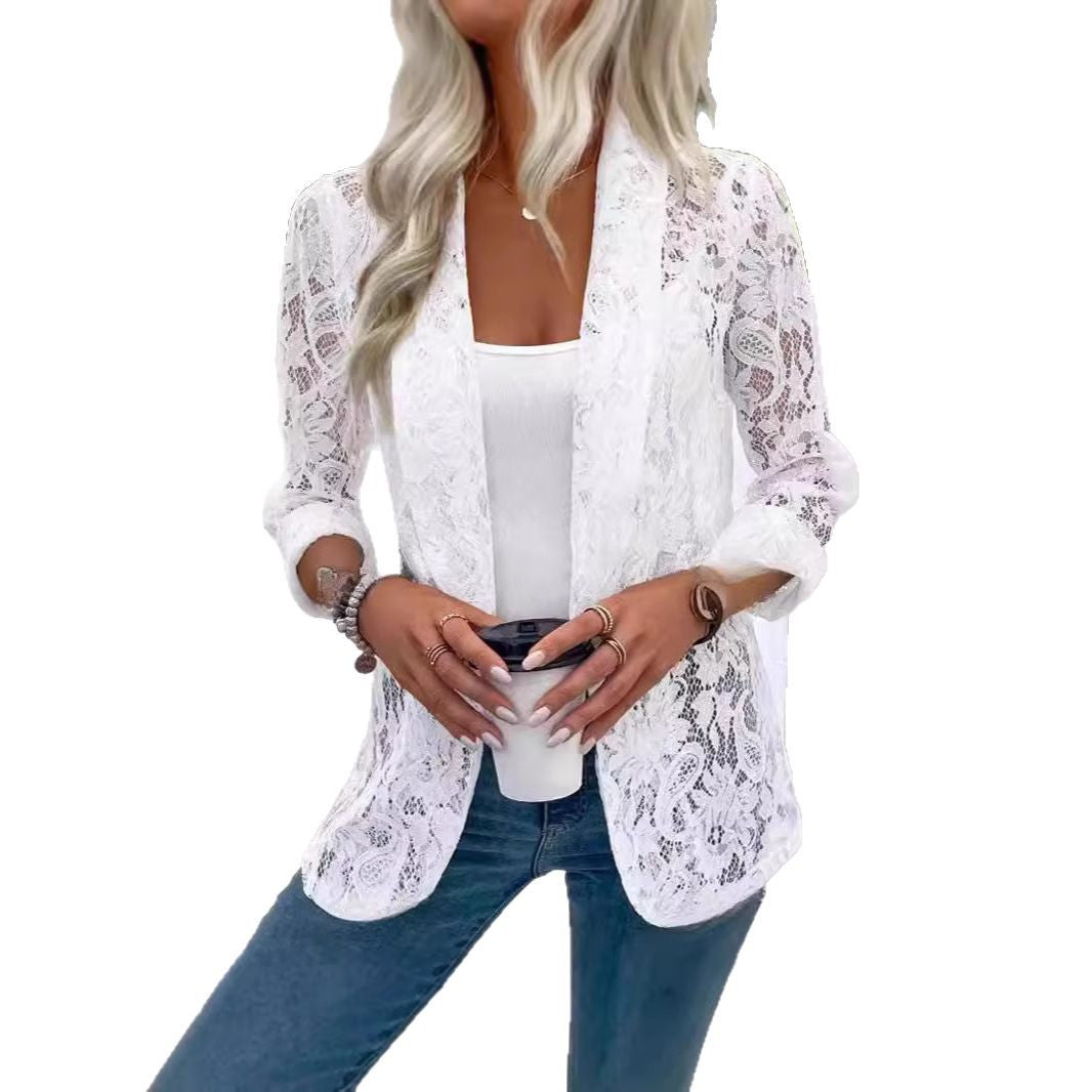 Damen leichte Spitzenjacke mit lässigem Schnitt und offene Front W&W Mode