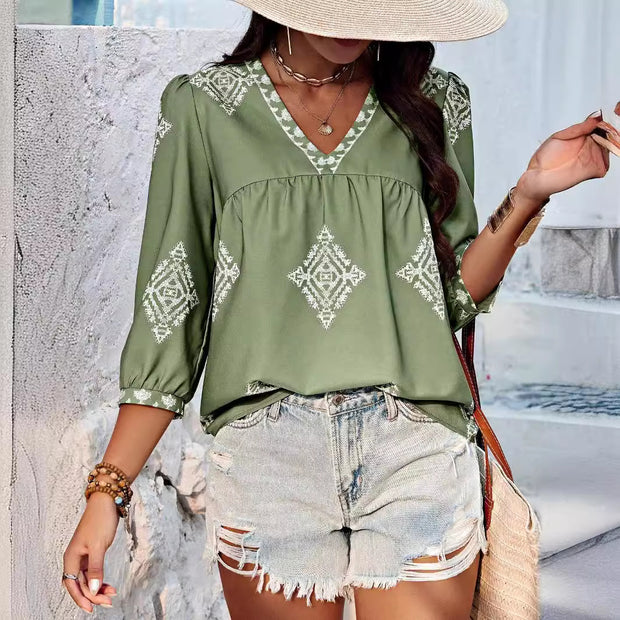 WW | Boho Chic V-ausschnitt Bestickte Bluse Für Frauen