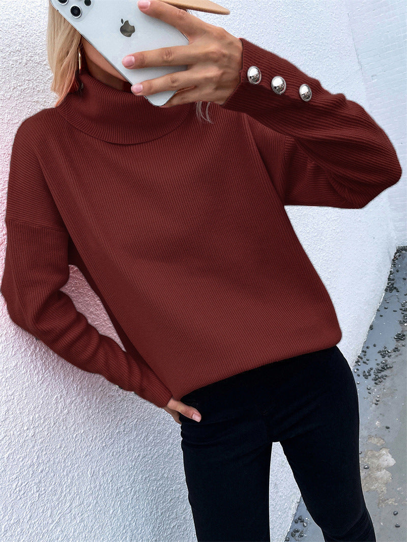 Damen Rollkragenpullover mit gestreiftem Design und dekorativen Knöpfen WW